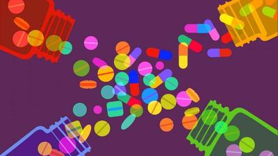 Cartoon image of antibiotics pouring from bottles
