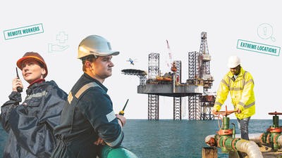 Collage of people working on a oil rig 
