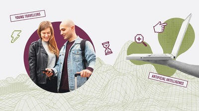 Collage of young travellers and technology