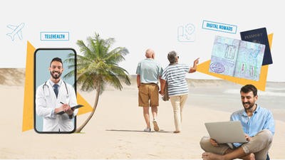 Collage about the modern expat, travel and insurance 
