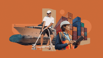 Collage graphic of cargo ship and yacht crew