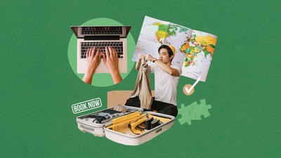 Collage of man packing suitcase and using laptop for booking holiday online