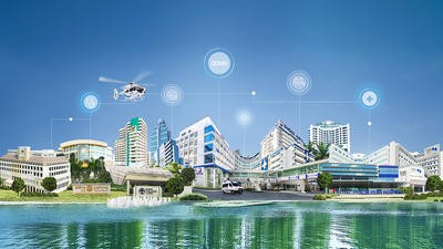 BDMS Graphic cityscape and helicopter