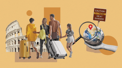 Collage of travel predictions, for example forest fires, family holidays, tourism etc