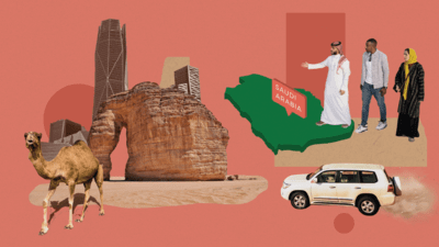 Collage of Saudi Arabia elements, such as camels, cars, landscape and people/expats