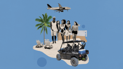 Collage about Americas spring break, teenagers on the beach and police car