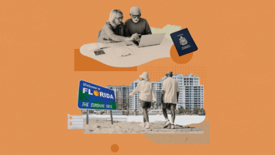 Collage about Canada's Snowbirds, mature couple walking on the beach and booking holiday