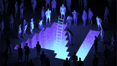 Illustration of people standing around text saying AI