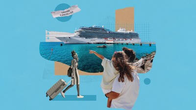 Graphic collage of a cruise liner and insurance policies