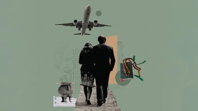 Graphic collage of a funeral scene and repatriation