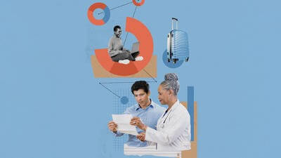 Graphic collage of doctors, data and people using a computer