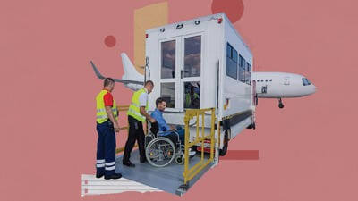 Graphic collage of assistance at an airport and wheelchair user
