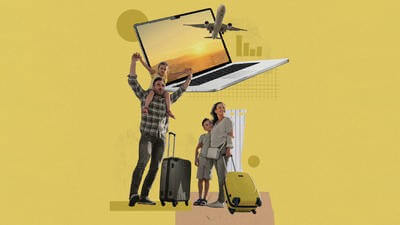 Graphic collage of a family with suitcases, a laptop and plane taking off