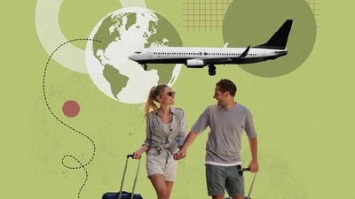 Collage of a couple travelling, with a plane behind them 