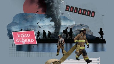 Collage of a storm, climate change and travel delays  