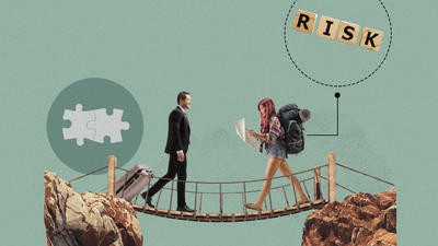 Collage of business and leisure traveller crossing a bridge 