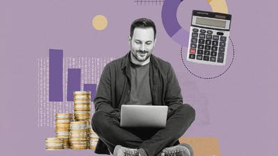 Collage man holding a laptop and dealing with data and costs