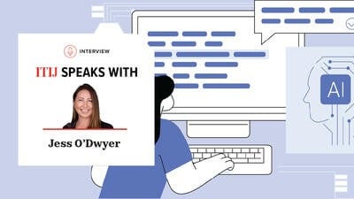 Illustration of a woman using AI on the computer 