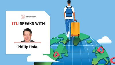 Illustration man walking on a globe with a suitcase 