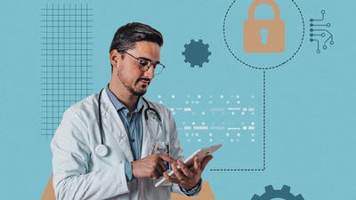 Collage of a doctor using an iPad 