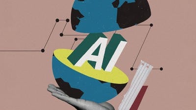 AI collage of a hand holding up a digital world