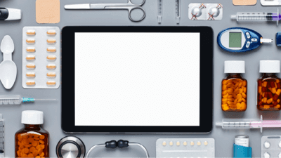 Ipad surrounded by medical items