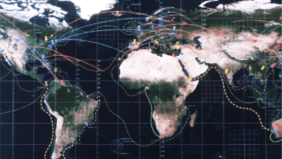 Map of the world with flight routes on it 