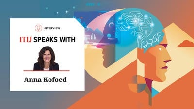 Graphic illustration of two heads, one showing human and empathy and one showing ai and technology