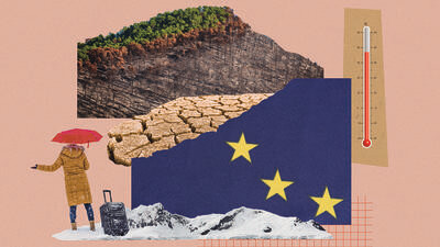 Collage about climate extremes across Europe, with images of snow, drought and fire damaged land