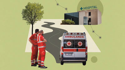 Collage about ground ambulances and hospitals 
