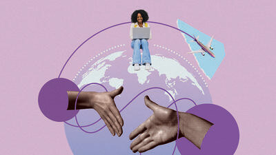 Collage graphic of a handshake, globe and person using laptop