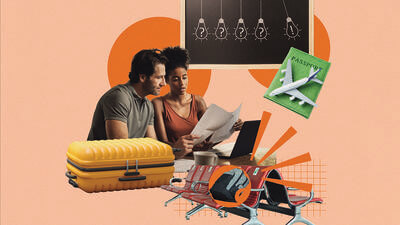 Collage about educating and travel with suitcases and a couple looking at paperwork