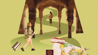 Collage of people travelling/exploring