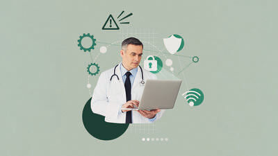 Collage with a doctor and a laptop and cybersecurity icons 