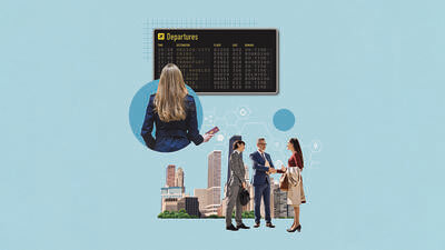Collage about business travellers, images of people in the airport and city skyline