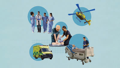 Collage of doctors, helicopters and ambulance 