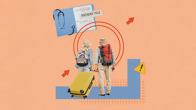 Collage of an elderly couple traveling and their hospital docs