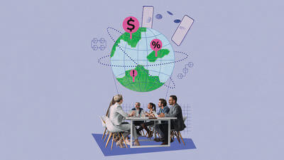 Collage of workers sat around a desk, with a globe, phone and currencies