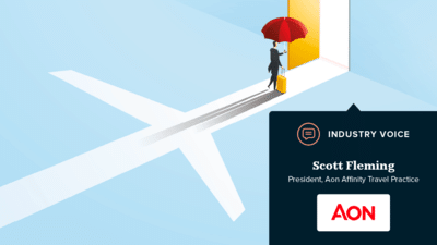Graphic of a man going through a door holding an umbrella and shadow of a plane
