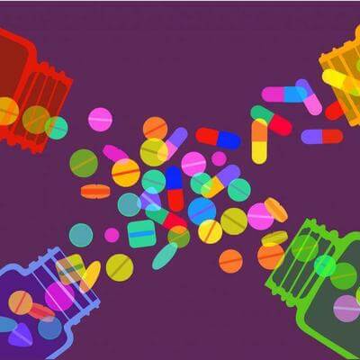 Cartoon image of antibiotics pouring from bottles