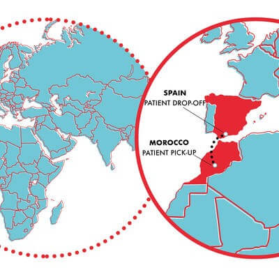 Map of Capital Air Ambulance patient journey route Morocco to Spain