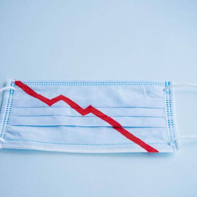 Face mask with a line representing economic downturn caused by coronavirus