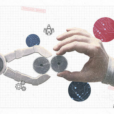 Man and machine holding gears