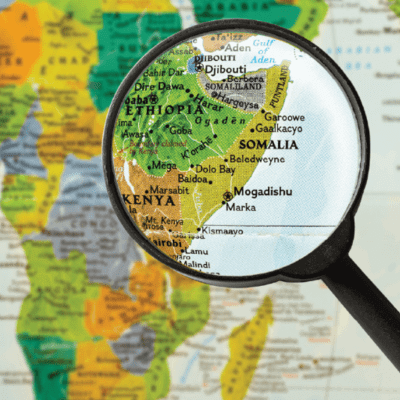 magnifying glass over Africa on map