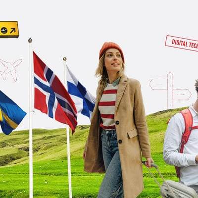 Nordic collage mountains and people travelling 