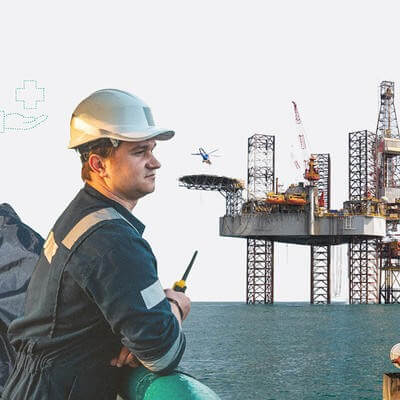 Collage of people working on a oil rig 