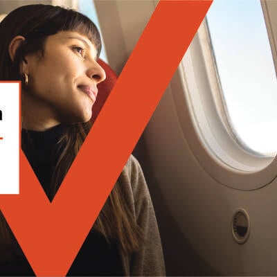 Graphic of a woman looking out the window of an airplane