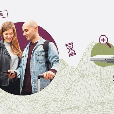 Collage of young travellers and technology