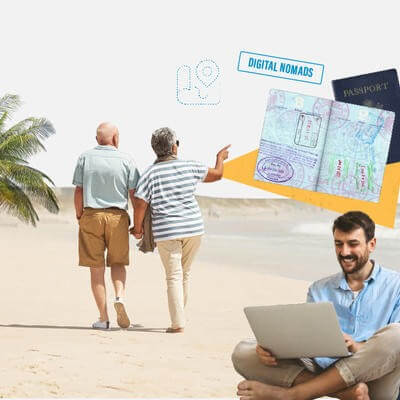 Collage about the modern expat, travel and insurance 