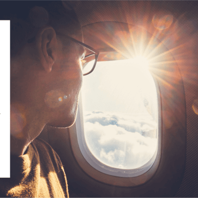 Graphic of man looking out airplane window
